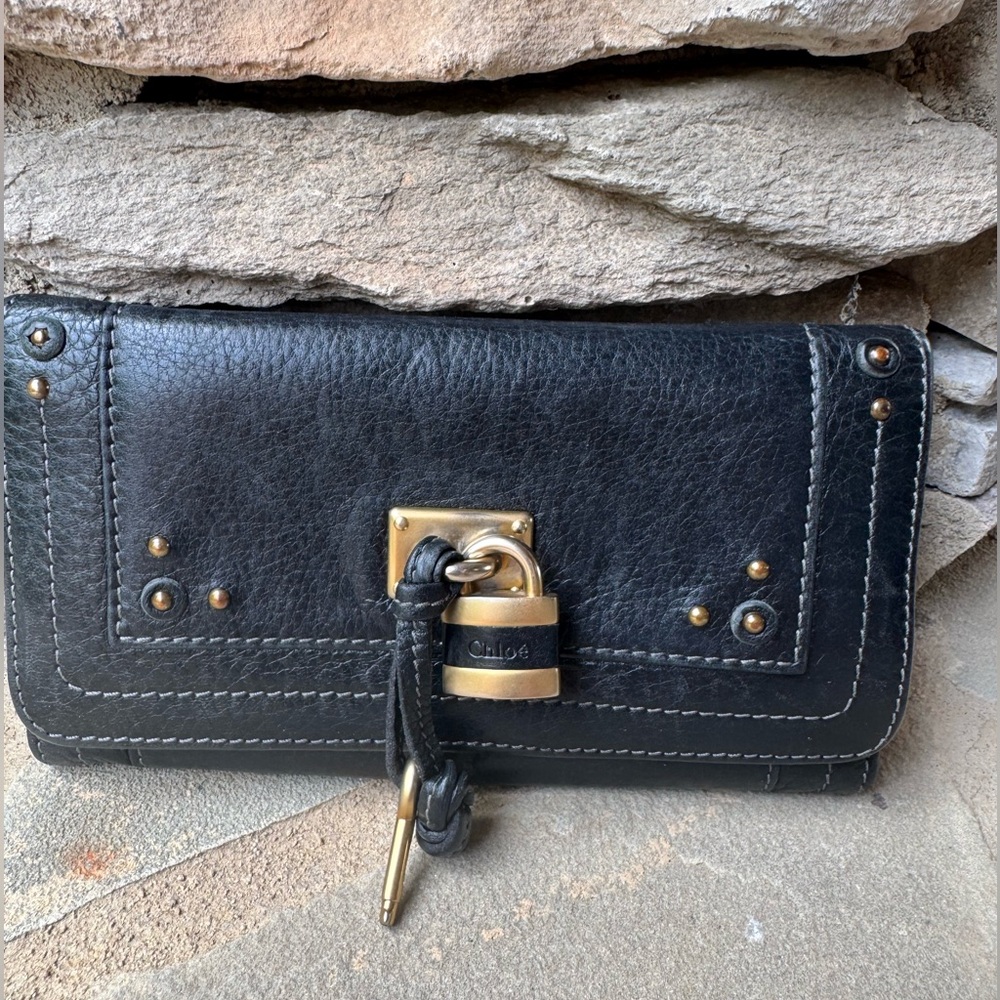 Chloé Black Paddington Leather Wallet with Gold Accents